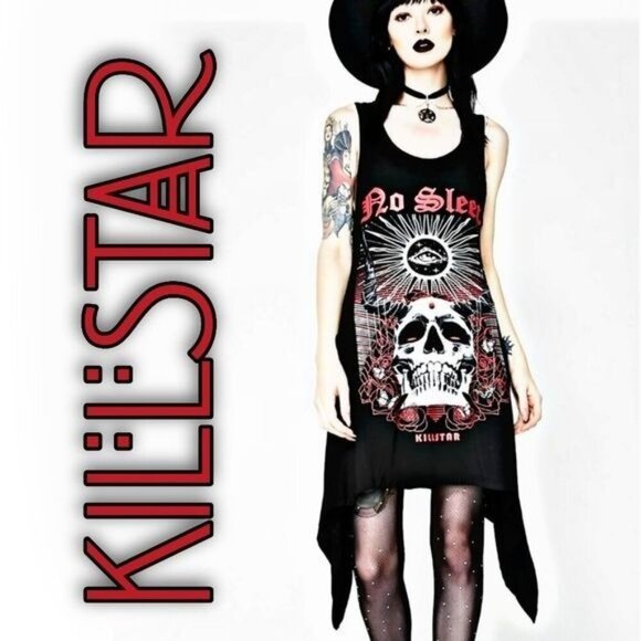 KILLSTAR Sharkbite Hem Dress – “No Sleep” Skull Graphic, Lace-Up Back Gothic - Picture 2 of 7